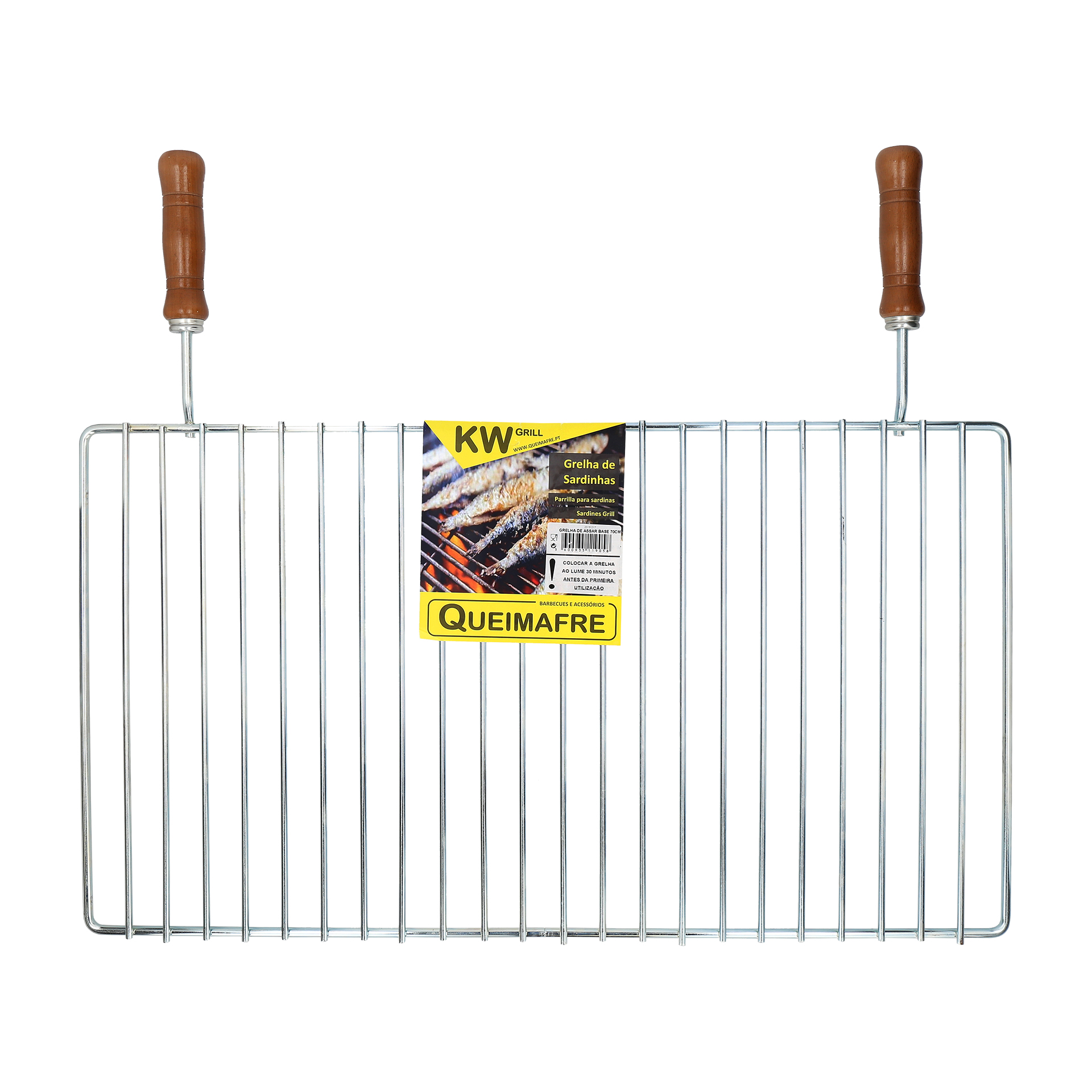 GRELHA COM PEGA DE MADEIRA 68X38 CM