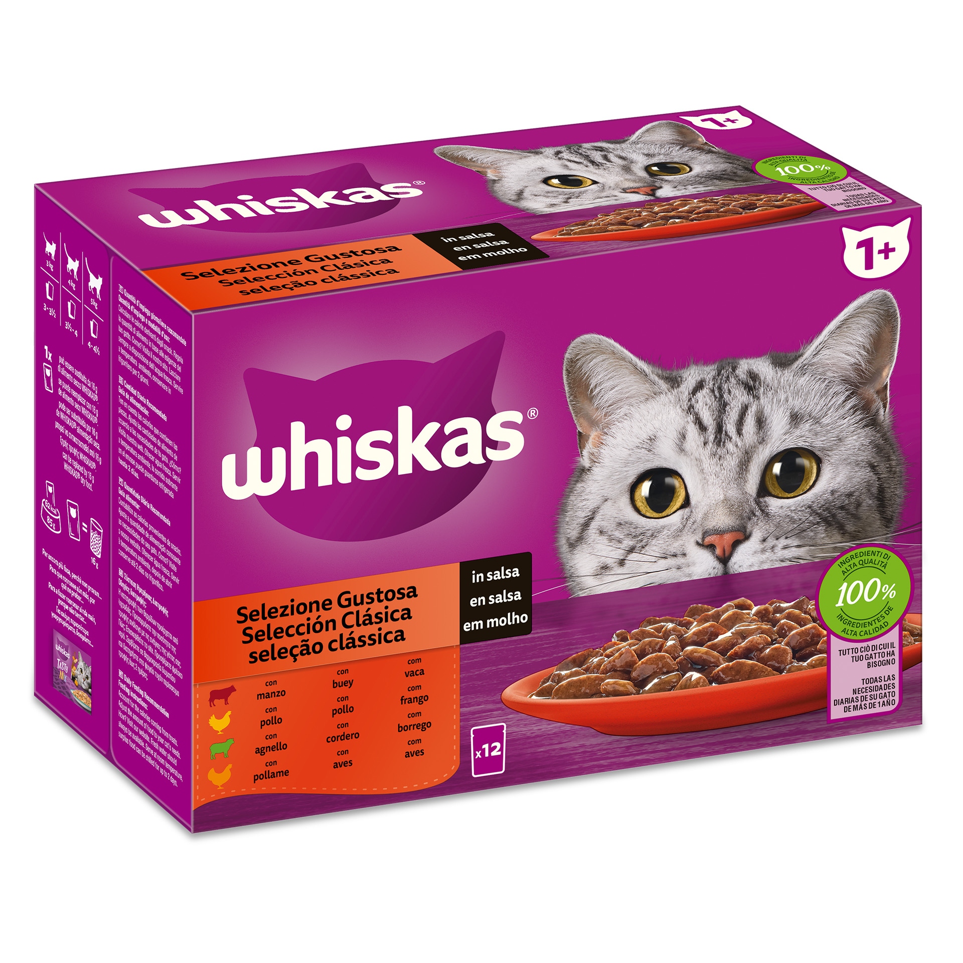 Alimento Húmido Para Gato 1+ Carne 12X85 G WHISKAS