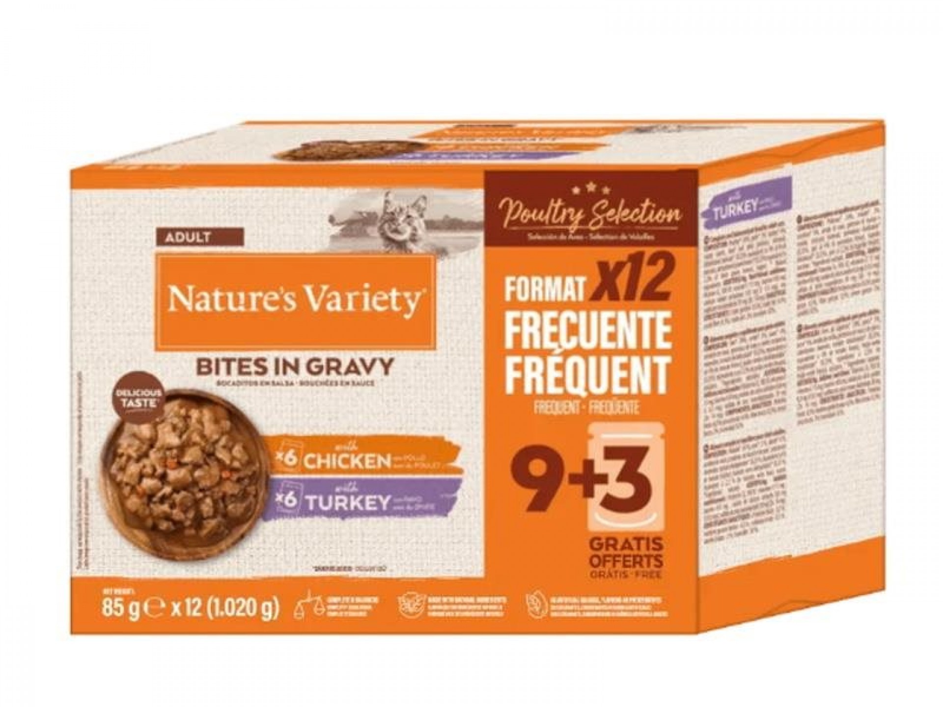 ALIMENTO GATO PEDAÇOS MOLHO FRANGO E PERÚ 12X85 G